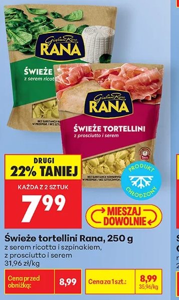 Rana Świeże tortellini, z serem ricotta i szpinakiem, z prosciutto i serem 250 g