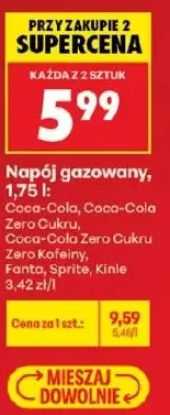 Napój gazowany, 1,75 l: Coca-Cola, Coca-Cola Zero Cukru, Coca-Cola Zero Cukru, Zero Kofeiny, Fanta, Sprite, Kinley 1,75 l