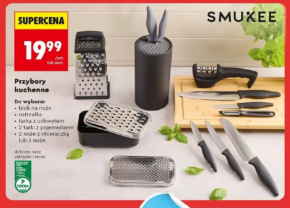 Smukee Przybory kuchenne – do wyboru: blok na noże, ostrzałka, tarka z uchwytem, 2 tarki z pojemnikiem, 2 noże z obieraczką lub 3 noże 1 szt.