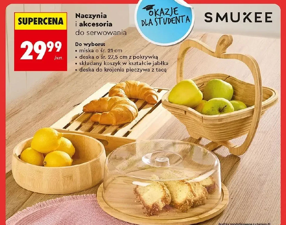 Smukee Naczynia i akcesoria do serwowania – do wyboru: miska o śr. 21 cm, deska o śr. 27,5 cm z pokrywką, składany koszyk w kształcie jabłka, deska do krojenia pieczywa z tacą 1 szt.