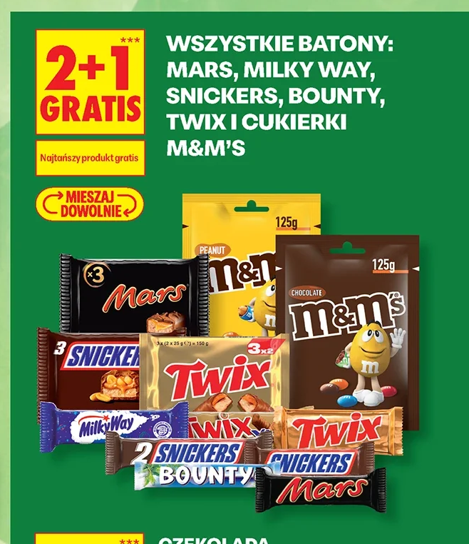 Wszystkie batony: Mars, Milky Way, Snickers, Bounty, Twix i cukierki M&M's