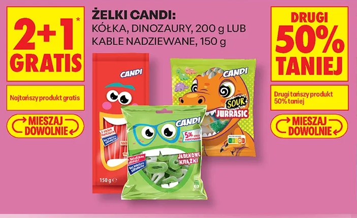 Żelki Candi: kółka, dinozaury, 200 g lub kable nadziewane, 150 g
