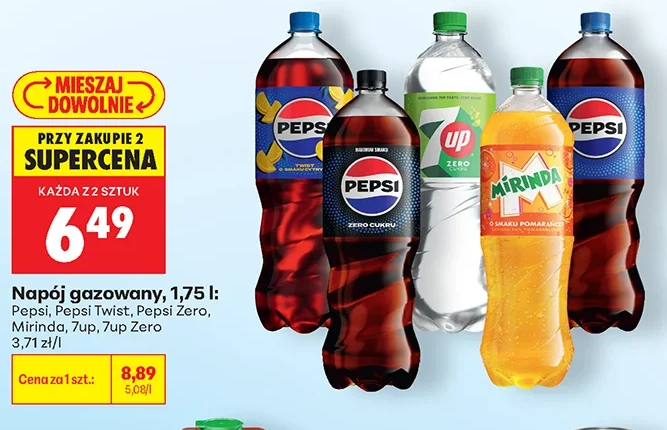Napój gazowany 1,75 l: Pepsi, Pepsi Twist, Pepsi Zero, Mirinda, 7up, 7up Zero 1,75 l