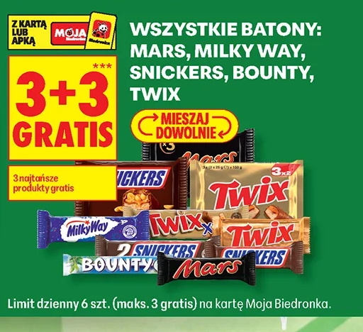 Wszystkie batony: Mars, Milky Way, Snickers, Bounty, Twix