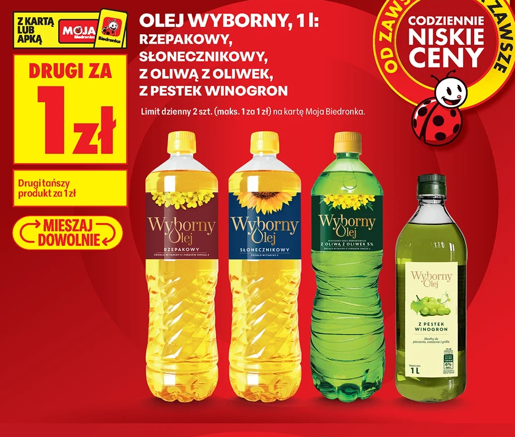 Oleje Wyborny, 1 l: rzepakowy, słonecznikowy, z oliwą z oliwek, z pestek winogron