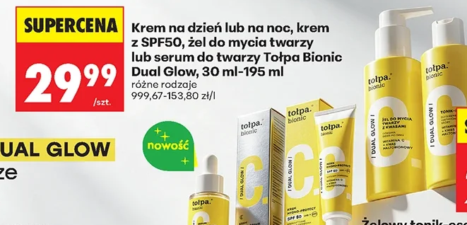 Tołpa Krem na dzień lub na noc, krem z SPF50, żel do mycia twarzy lub serum do twarzy Bionic Dual Glow 30 ml