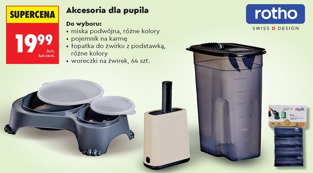Akcesoria dla pupila: miska podwójna, pojemnik na karmę, łopatka do żwirku z podstawką, woreczki na żwirek 64 szt.
