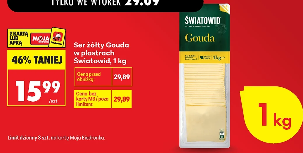 Światowid Ser żółty Gouda w plastrach 1 kg