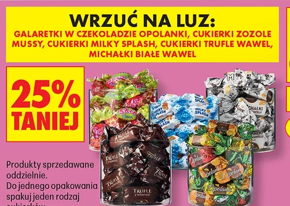 Wrzuć na luz: galaretki w czekoladzie Opolanki, cukierki Zoole, mussy, cukierki Milky Splash, cukierki trufle Wawel, Michałki białe Wawel