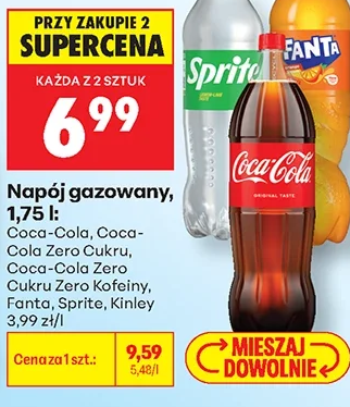 Napój gazowany, 1,75 l: Coca-Cola, Coca-Cola Zero Cukru, Coca-Cola Zero Cukru Kofeiny, Coca-Cola Zero Cukru, Sprite, Kinley 1,75 l