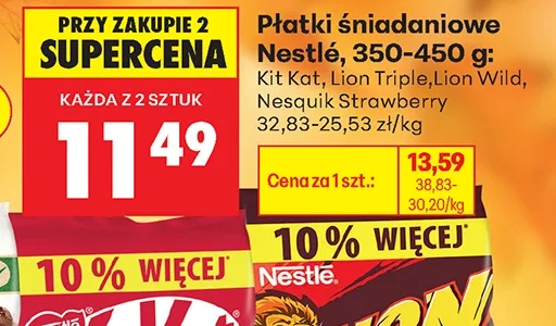 Płatki śniadaniowe Nestlé, 350–450 g: Kit Kat, Lion Triple, Lion Wild, Nesquik Strawberry