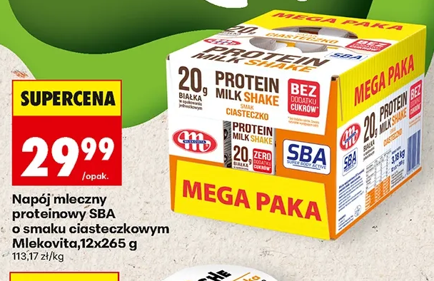 Napój mleczny proteinowy SBA o smaku ciasteczkowym Mlekovita, 12x265 g