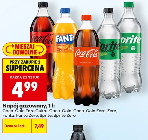 Napój gazowany, 1 l: Coca-Cola, Coca-Cola Zero Cukru, Coca-Cola Zero-Zero, Fanta, Fanta Zero, Sprite, Sprite Zero, Kinley 1 l