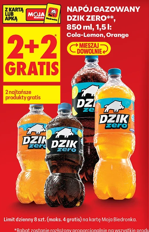 Napój gazowany DZIK ZERO, 850 ml, 1,5 l: Cola-Lemon, Orange