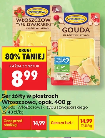 Ser żółty w plastrach Włoszczowa, opak. 400 g: Gouda, Włoszczowski typuszwajcarskiego 400 g