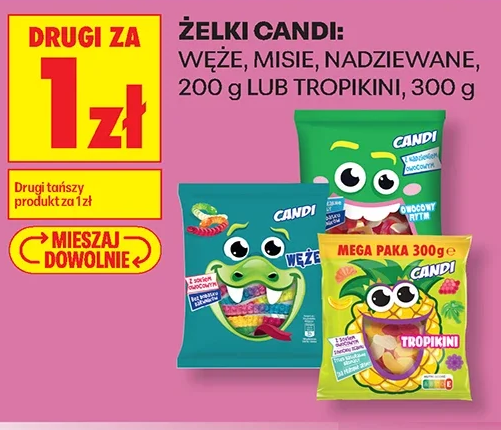 Żelki Candi: węże, misie, nadziewane, 200 g lub Tropikini, 300 g
