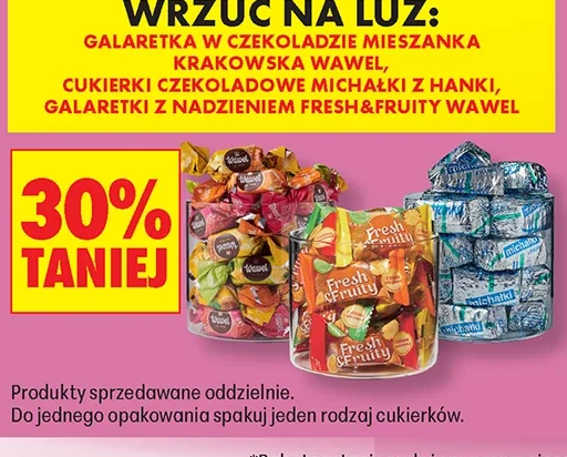 Galaretka w czekoladzie mieszanka krakowska Wawel, cukierki czekoladowe Michałki z Hanki, galaretki z nadzieniem Fresh&Fruity Wawel