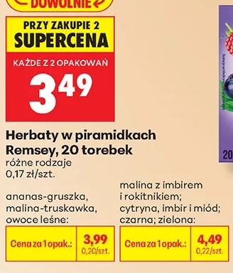 Ramsey Herbaty w piramidkach, — malina z imbirem, malina-truskawka, owoce leśne 1 szt.