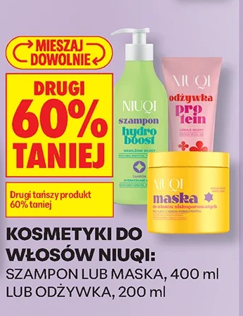 Kosmetyki do włosów Niuqi: szampon lub maska, 400 ml lub odżywka, 200 ml