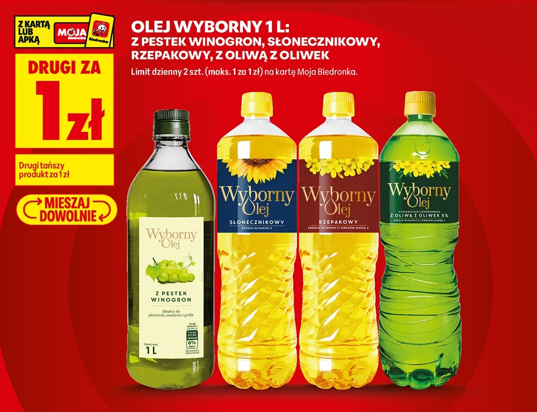 Olej Wyborny 1 l: z pestek winogron, słonecznikowy, rzepakowy, z oliwą z oliwek