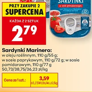 Marinero Sardynki: w oleju roślinnym; w sosie paprykowym; w sosie pomidorowym 110 g