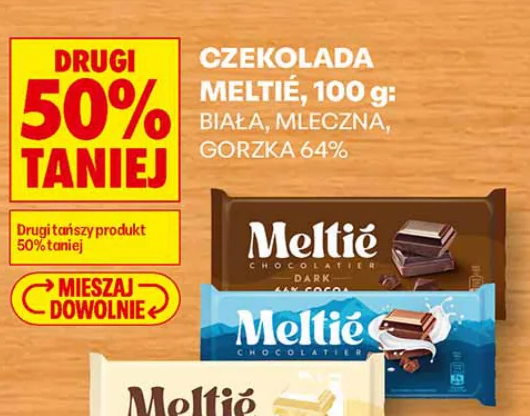 Czekolada Meltie, 100 g: biała, mleczna, gorzka 64%