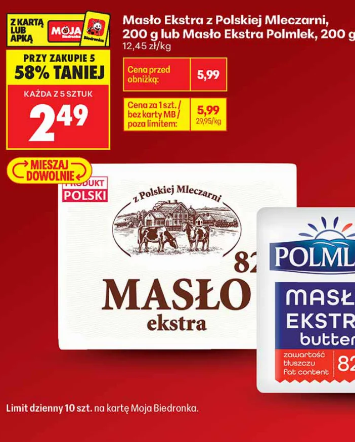 Masło Ekstra z Polskiej Mleczarni lub Masło Ekstra Polmlek 200 g
