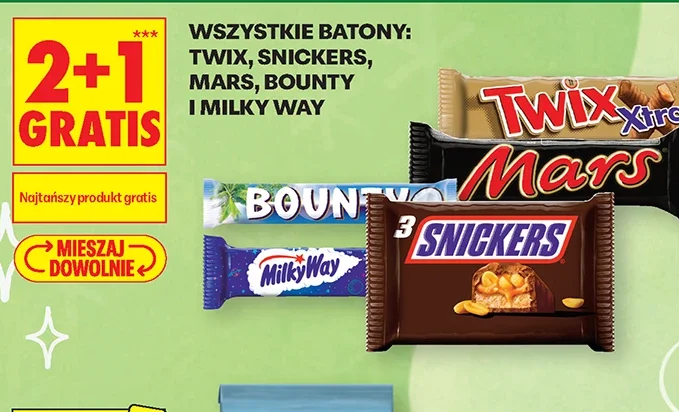 Wszystkie batony: Twix, Snickers, Mars, Bounty i Milky Way