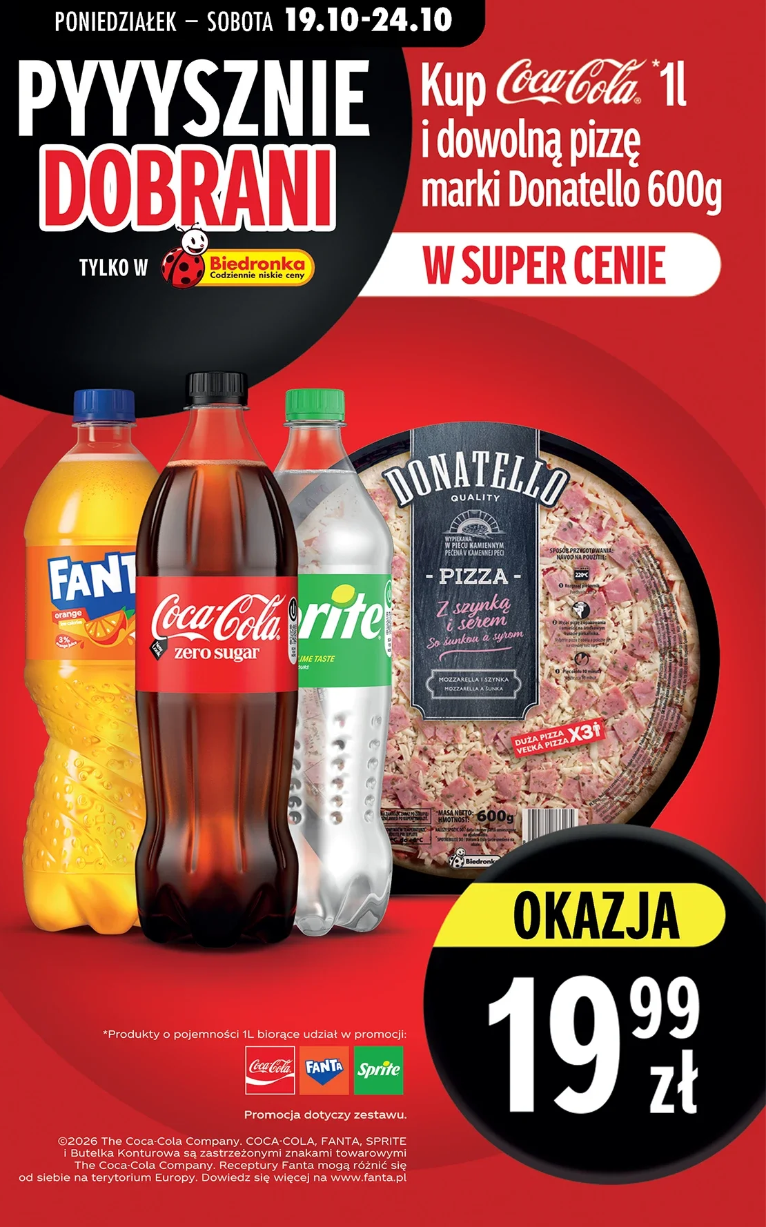 Coca-Cola, Fanta lub Sprite 1 l + dowolna pizza Donatello 600 g